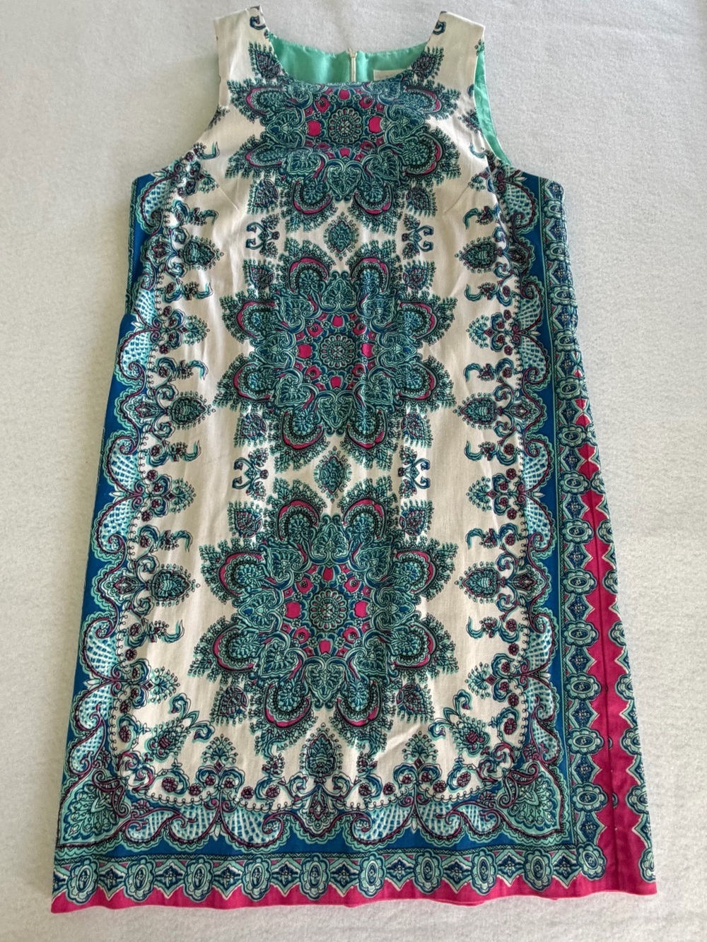 London Times Cream Shift Dress with Teal and Fuchsia Paisley Print